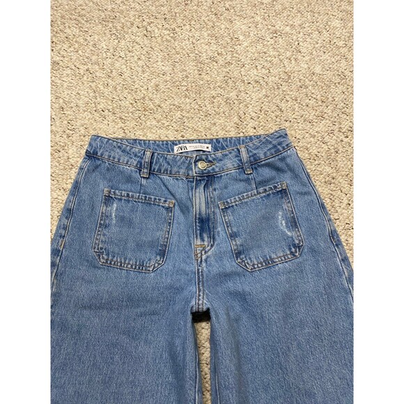 Zara High-Rise Front Patch Pocket Straight Wide Leg Raw Hem Size 6 - Picture 2 of 7